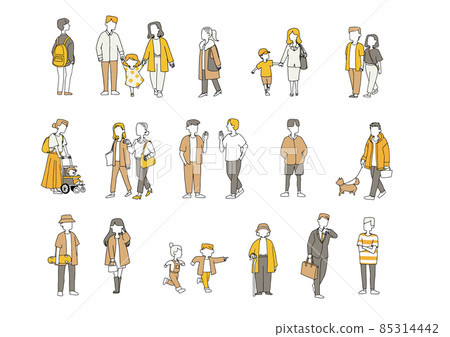 Casual people traveling around the city Happy families, couples, friends. Hand-drawn person illustration 85314442