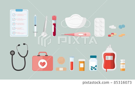 A set of vector icons of medical equipment and drugs, pills, medical bottles, syringes, vaccines, blood, stethoscopes, medical masks, medicine and health care A set of vector icons of medical equipment and drugs, pills, medical bottles, syringes, vaccines, blood, stethoscopes, medical masks, medicine and health care 85316073