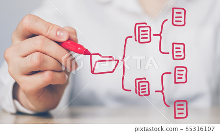 Concept document management system or DMS. The person draws a diagram of a folder with files. Concept document management system or DMS. The person draws a diagram of a folder with files. 85316107