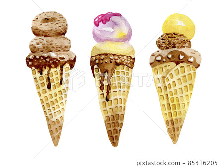 Delicious chocolate banana berry in a cone with chocolate glaze ice cream watercolor illustration 85316205