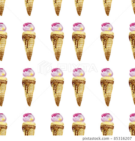 Ice cream in a cone seamless pattern digital paper wallpaper fabric background watercolor by hand 85316207