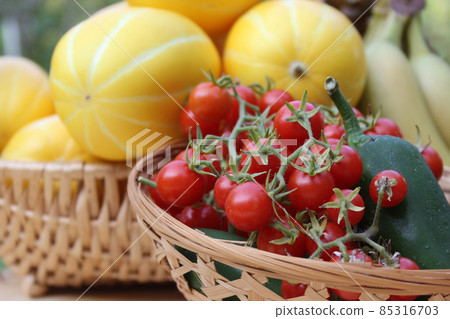 Summer Vegetable Harvest - Ginkaku Korean Melons with Jalapeno Peppers and Tomatoes 85316703