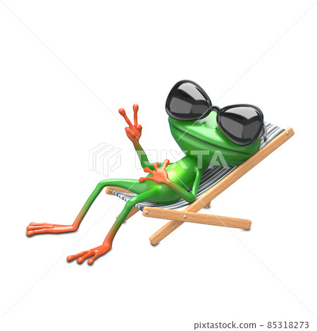 3D Illustration of a Green Frog in a Deck Chair and Glasses 3D Illustration of a Green Frog in a Deck Chair and Glasses 85318273