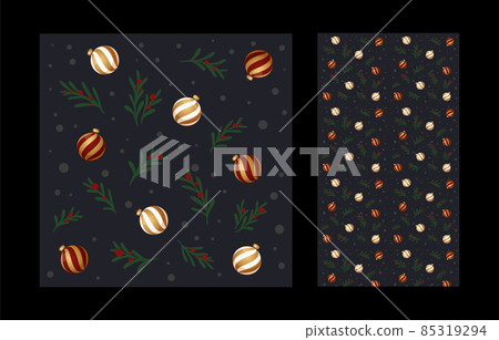 Traditional new year pattern with balls and green firs. Decoration for christmas card and packaging paper. Seamless texture. Traditional new year pattern with balls and green firs. Decoration for christmas card and packaging paper. Seamless texture. 85319294