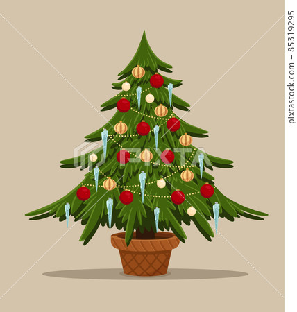 Cartoon stylized fir with toys. Christmas tree decorated pile balls, icecle and garland. Spruce in pot. Merry christmas and happy new year Cartoon stylized fir with toys. Christmas tree decorated pile balls, icecle and garland. Spruce in pot. Merry christmas and happy new year 85319295