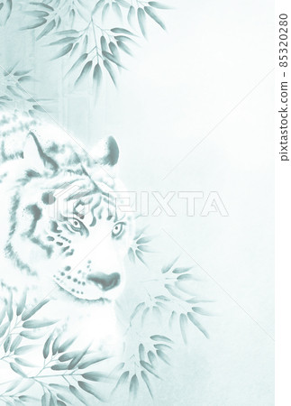 強力白虎竹林水墨畫風插畫賀年片明信片尺寸澀淡藍色豎版其他顏色/高分辨率圖片可用 85320280