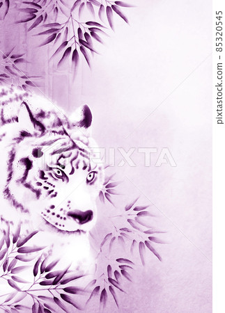 Powerful white tiger and bamboo grove ink painting style illustration New Year's card postcard size Astringent pink Vertical Other colors / High resolution image available 85320545