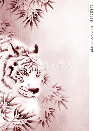 Powerful white tiger and bamboo grove ink painting style illustration New Year's card postcard size Astringent brown Vertical Other colors / High resolution image available 85320546