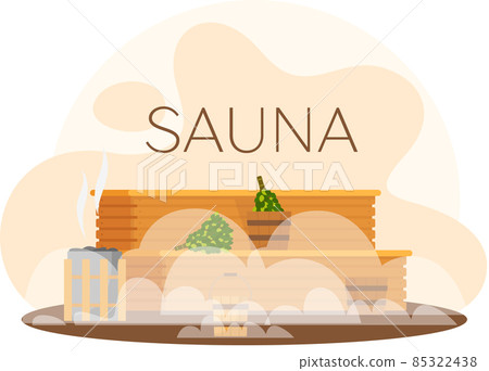Sauna or SPA center banner template with accessories for relaxation in steam banya or hot sauna 85322438
