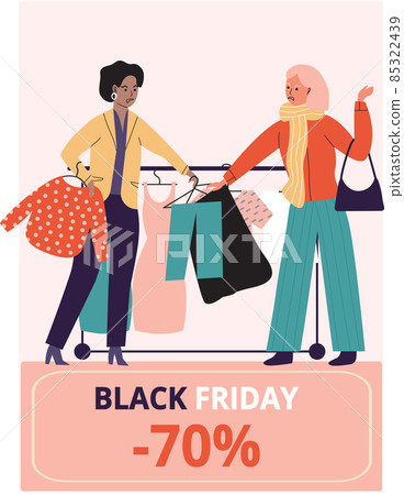 Women in clothing store on black friday. Seasonal discount offers, clothes on sale. Closeout in shop Women in clothing store on black friday. Seasonal discount offers, clothes on sale. Closeout in shop 85322439