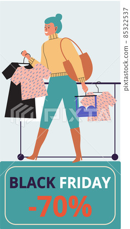Woman in clothing store on black friday. Seasonal discount offers, clothes on sale. Closeout in shop 85322537