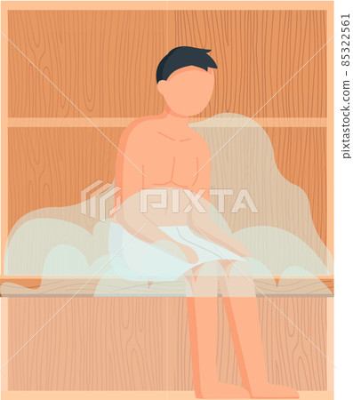 Man in white towel rest on wooden bench at hot steam sauna. Relaxing and wellness in spa center 85322561