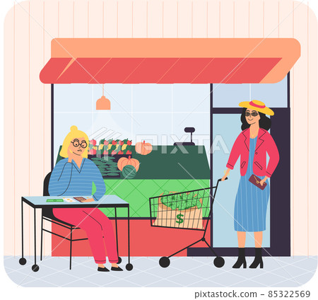 People in grocery store with fresh food, fruits, vegetables. Rich and poor buyers and visitors People in grocery store with fresh food, fruits, vegetables. Rich and poor buyers and visitors 85322569