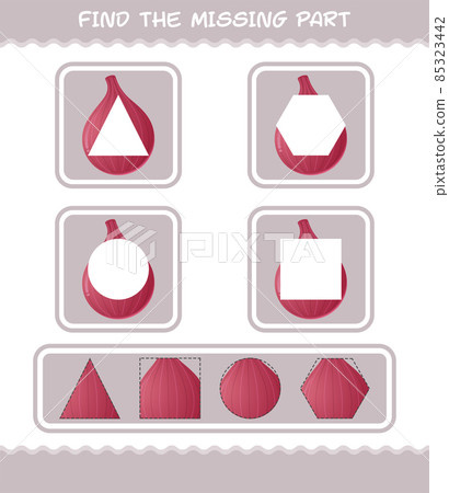 Match cartoon red onion parts. Matching game. Educational game for pre shool years kids and toddlers Match cartoon red onion parts. Matching game. Educational game for pre shool years kids and toddlers 85323442