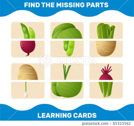 Match cartoon vegetables parts. Matching game. Educational game for pre shool years kids and toddlers 85323562