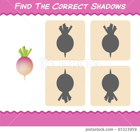 Find the correct shadows of cartoon turnip. Searching and Matching game. Educational game for pre shool years kids and toddlers Find the correct shadows of cartoon turnip. Searching and Matching game. Educational game for pre shool years kids and toddlers 85323959