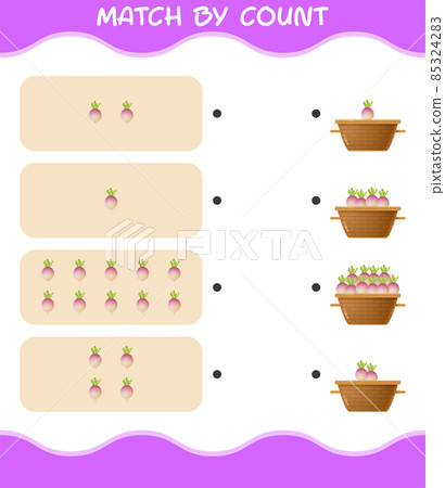 Match by count of cartoon turnip. Match and count game. Educational game for pre shool years kids and toddlers Match by count of cartoon turnip. Match and count game. Educational game for pre shool years kids and toddlers 85324283
