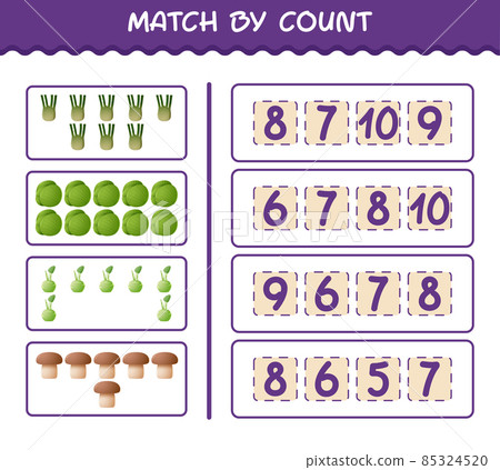 Match by count of cartoon vegetables. Match and count game. Educational game for pre shool years kids and toddlers Match by count of cartoon vegetables. Match and count game. Educational game for pre shool years kids and toddlers 85324520