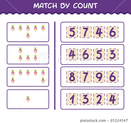 Match by count of cartoon turnip. Match and count game. Educational game for pre shool years kids and toddlers Match by count of cartoon turnip. Match and count game. Educational game for pre shool years kids and toddlers 85324547