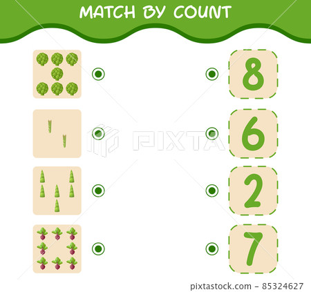 Match by count of cartoon vegetables. Match and count game. Educational game for pre shool years kids and toddlers Match by count of cartoon vegetables. Match and count game. Educational game for pre shool years kids and toddlers 85324627