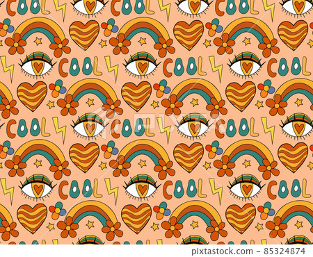Retro rainbow eye 70s seamless pattern. Hippie repeating texture, background. Vector illustration 85324874