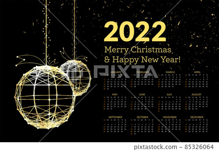 Calendar for 2022 with a gold christmas ball. Vector illustration on black Calendar for 2022 with a gold christmas ball. Vector illustration on black 85326064