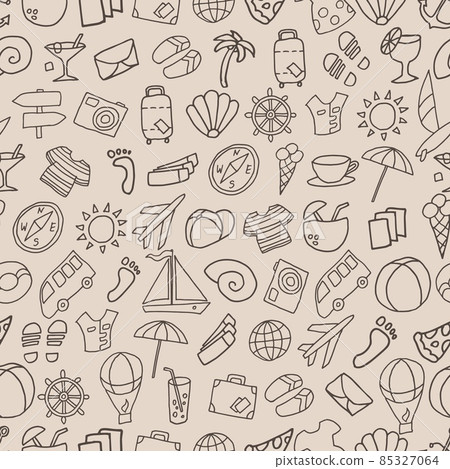Coffee colored seamless pattern with doodle painted cartoon travel items Coffee colored seamless pattern with doodle painted cartoon travel items 85327064