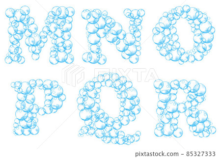 Alphabet of soap bubbles. Water suds letters m, n, o, p, q, r. Realistic vector font isolated on white background Alphabet of soap bubbles. Water suds letters m, n, o, p, q, r. Realistic vector font isolated on white background 85327333