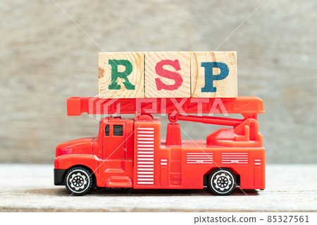 Fire ladder truck hold letter block in word RSP (Abbreviation of Retail  selling price, Retirement savings plan or Research and sponsored programs) on wood background 85327561
