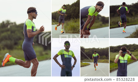 Collage of portraits of young professional male triathlete, runner in motion on open road. 85328228
