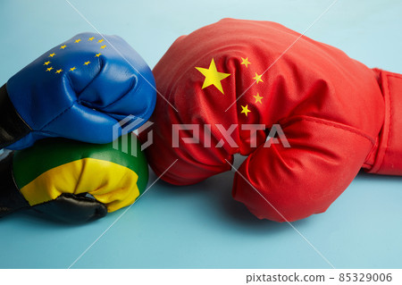 Concept of trade war. China Lithuania and EU politics relationship partnership divided conflicts concept Concept of trade war. China Lithuania and EU politics relationship partnership divided conflicts concept 85329006