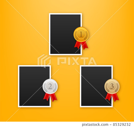 Trophy and frame realistic compostion. 3d photo award place for flyer design. Vector illustration. Trophy and frame realistic compostion. 3d photo award place for flyer design. Vector illustration. 85329232