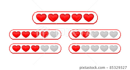 Pixel game life bar. Vintage vector set. Vector background. Heart icon set. Digital background. Pixel game life bar. Vintage vector set. Vector background. Heart icon set. Digital background. 85329327