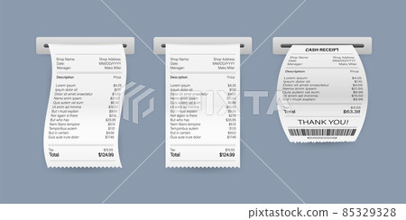 Receipts vector illustration of realistic payment paper bills for cash or credit card transaction. Vector stock illustration. Receipts vector illustration of realistic payment paper bills for cash or credit card transaction. Vector stock illustration. 85329328