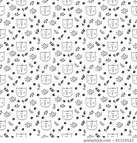 Cute Cat Seamless pattern. Cartoon Animals in forest background. Vector illustration Cute Cat Seamless pattern. Cartoon Animals in forest background. Vector illustration 85329583