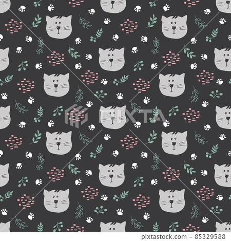 Cute Cat Seamless pattern. Cartoon Animals in forest background. Vector illustration Cute Cat Seamless pattern. Cartoon Animals in forest background. Vector illustration 85329588