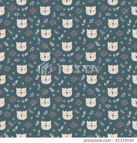 Cute Cat Seamless pattern. Cartoon Animals in forest background. Vector illustration 85329594