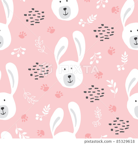 Cute rabbit Seamless pattern. Cartoon Animals in forest background. Vector illustration Cute rabbit Seamless pattern. Cartoon Animals in forest background. Vector illustration 85329618