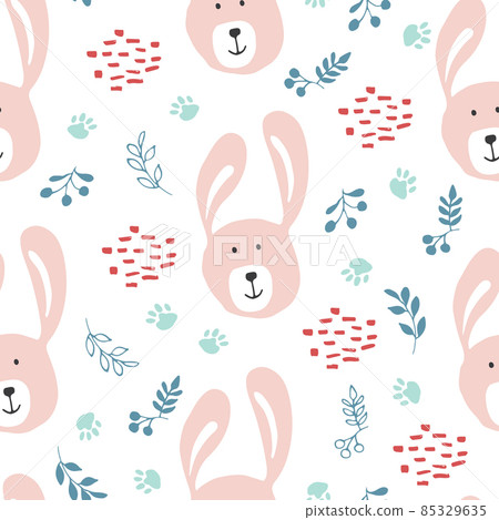Cute rabbit Seamless pattern. Cartoon Animals in forest background. Vector illustration Cute rabbit Seamless pattern. Cartoon Animals in forest background. Vector illustration 85329635