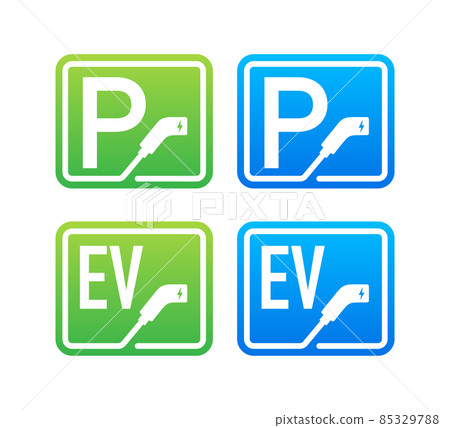 Electric car charging. P and EV station. Vehicle standing. 85329788