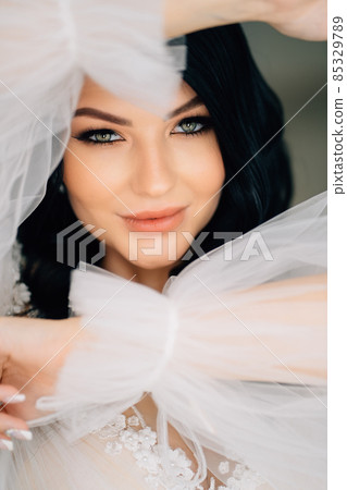 close-up. beautiful brunette bride in white dress with transparent puffy sleeves close-up. beautiful brunette bride in white dress with transparent puffy sleeves 85329789