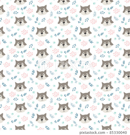 Cute wolf Seamless pattern. Cartoon Animals in forest background. Vector illustration 85330040