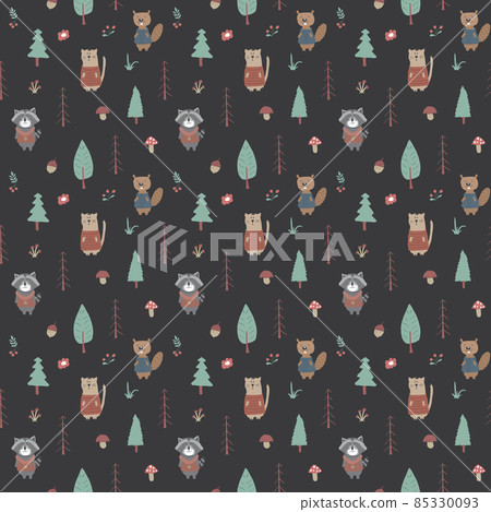 Cute animals Seamless pattern. Cartoon Animals in forest background. Vector illustration Cute animals Seamless pattern. Cartoon Animals in forest background. Vector illustration 85330093