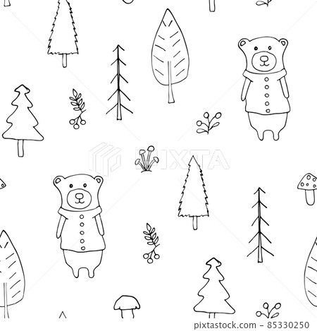 Cute bear Seamless pattern. Cartoon Animals in forest background. Vector illustration Cute bear Seamless pattern. Cartoon Animals in forest background. Vector illustration 85330250