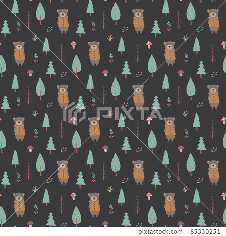 Cute bear Seamless pattern. Cartoon Animals in forest background. Vector illustration 85330251