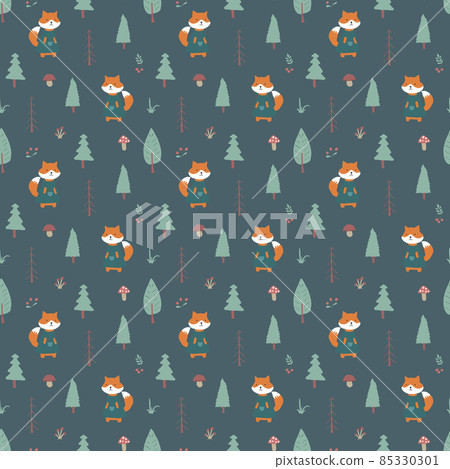 Cute Fox Seamless pattern. Cartoon Animals in forest background. Vector illustration 85330301
