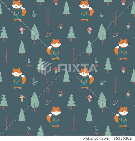 Cute Fox Seamless pattern. Cartoon Animals in forest background. Vector illustration 85330302
