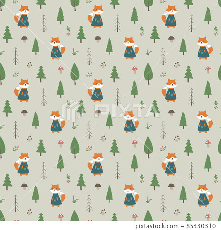 Cute Fox Seamless pattern. Cartoon Animals in forest background. Vector illustration 85330310
