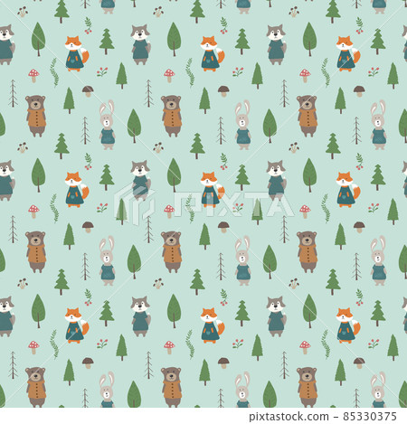 Cute animals Seamless pattern. Cartoon Animals in forest background. Vector illustration Cute animals Seamless pattern. Cartoon Animals in forest background. Vector illustration 85330375