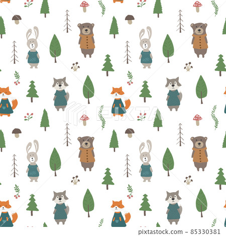 Cute animals Seamless pattern. Cartoon Animals in forest background. Vector illustration 85330381